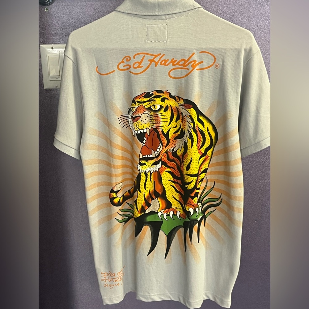 Ed Hardy Rhinestone Crystal vintage tiger tattoo Men’s polo sleeve tee shirt